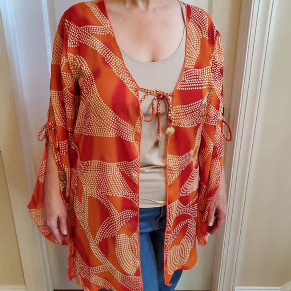 Elegant Red and Orange Women's Kimono Blouse - Picture 1 of 8